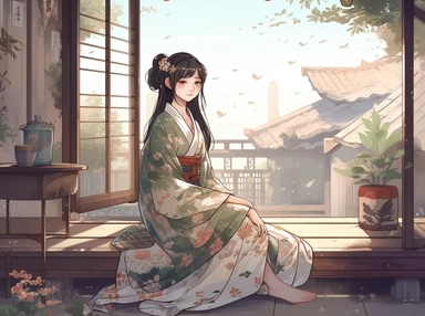 Water color clipart an anime girl dressed in a traditional japanese costume sitting on a porch, in the style of delicate flora depictions, nightcore, i can't believe how beautiful this is, eastern zhou dynasty