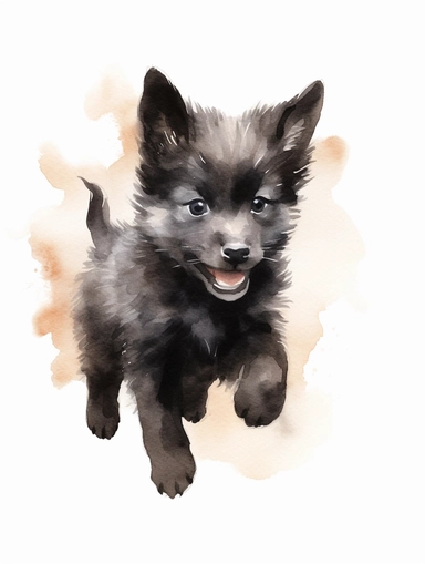 cute happy black wolf cub running, pastel watercolor, clipart, solid background