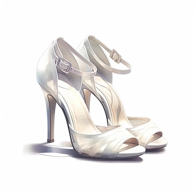White wedding heels, clipart, white background, in the style of elegant realism, muted and subtle tones, detailed painting, transparency and lightness