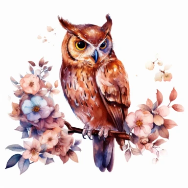 floral brown owl sitting on a branch clipart, watercolor technique, 8k detailed digital art, bright, colorful, soft lightning, sharp clear focus, detailed, sharp, on a white background
