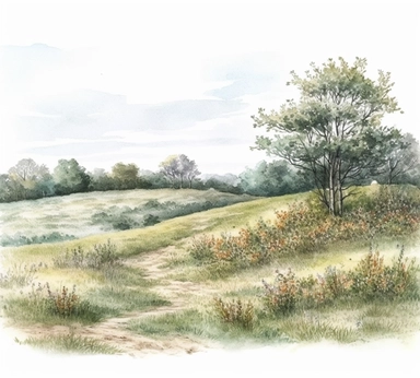 realistic burnished watercolored pencil meadow scene clipart, detailed, on white background, spaced out