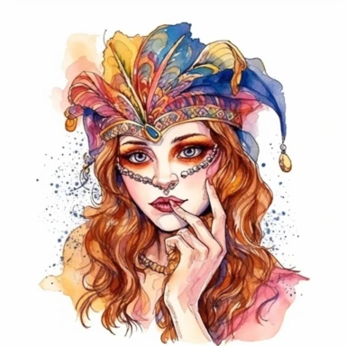 mardi gras, cute girl wearring carnival mask, kaluta art style, pen and ink watercolor clipart,isolated on white background