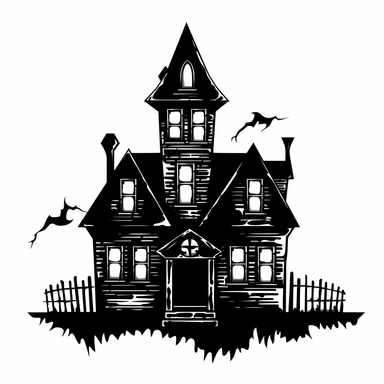 halloween haunted house clipart, black color, white background, minimalistic drawing, black color drawing, lines drawing, halloween haunted house silhouette
