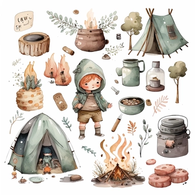 Watercolor boho camping illustrations clipart set, simple, soft colors, cartoon elements, different variants, cute little boy, tent, campervan, camping related items, pots, bonfire, , separate elements with a margin