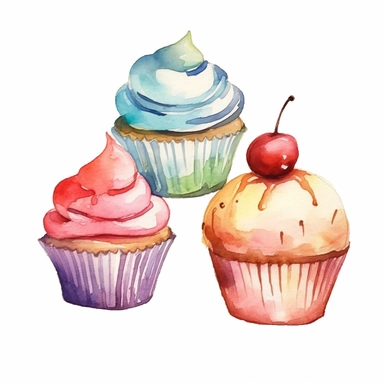 watercolor four Sweets clipart, flat style, no volume, few details, washed out, minimalistic style, very lose details, very light colors, transparent colors, light airy hues and pastel tones, spaced out, white background, washed out colors and paint, hand-painted watercolor, watercolor paper with visible rough paper texture, a variety of watercolor brushes, do not cross workspace borders, rough watercolor paper texture on top