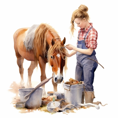 realistic watercolor drawing of a farm woman taking care of pony on a charming farm, on a white background where the background will be removed to repurpose as a clipart.