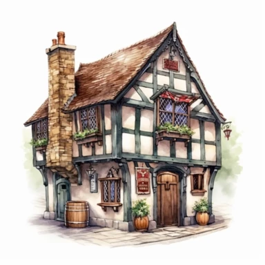 a quaint old english pub on the High Street, white background, clipart, watercolor style--q2--v5.1
