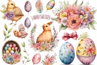 easter items clipart set isolated on white. Watercolor easter concept illustration set. Easter themed design on a white background, watercolor, hyperrealism, high detail, separate elements, set