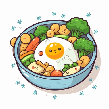 clipart of a vegetable dish with broccoli carrot potato and egg kawaii style white background