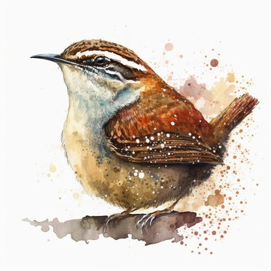 Carolina wren sharp illustration clipart, watercolor art, insane detail, white background
