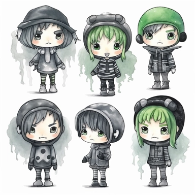 watercolor funny create kawaii marbled black ,silver, green chibi school spirit clipart, isolated on white background,space out--ar3:2--s1000