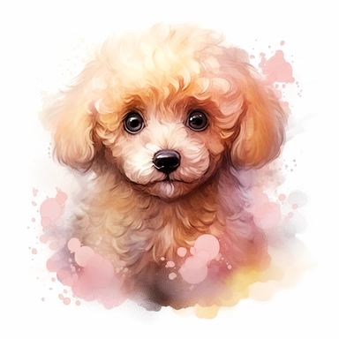 a semi realistic toy poodle puppy with ultra detailed big eyes in watercolor, in the style of pastels, nightcore, yup'ik art, high resolution, realistic oil paintings, cartoonish innocence, uhd image - an illustration of a watercolor drawing on the ground, in the style of light pink and amber, shiny eyes, miniaturecore, sketchfab, charming character illustrations, oil paintings, lightbox - painting with puppy eyes, watercolor illustration, cute cartoonish designs, magali villeneuve, uhd image, s