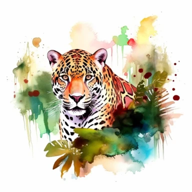 watercolor clipart, white background, a stunning jaguar, showcasing its wild beauty amidst the rainforest