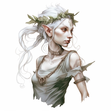 beautiful female wood elf tattoo design by twilight designs, in the style of david nordahl, white and silver, jean-baptiste monge, farel dalrymple, fantastical street, high resolution, imaginative characters, clipart, blank white background