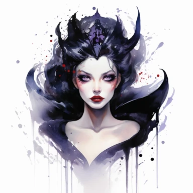 watercolor Disney Evil Queen, with a black cloak, a crown, and a magic mirror, beautiful face, clipart, white background, by Natalie Shau, by Kawacy