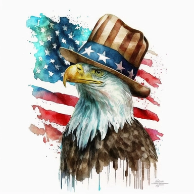 american flag watercolor clipart design eagle in hat, clear outline, white background