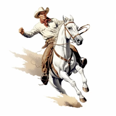 clipart, 1950s handome white cowboy riding a bucking horse, wide angle, inspired by the”Lone Ranger” 1950s comic book, white background