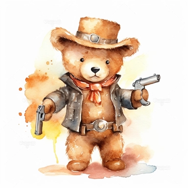 A cute watercolor clipart of a teddy bear dressed in Wild West cowboy attire, with a hat, boots, and a bandana around its neck. The bear has a confident stance and a revolver in its holster