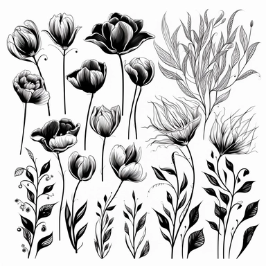 hand drawn floral sketches, black and white art, black ink on white background, bold lines, organic, silhouette, clipart