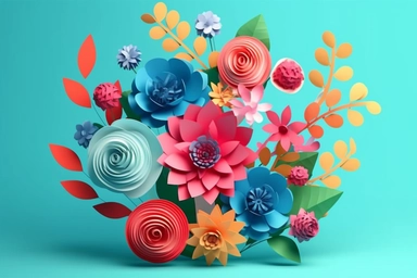 3d render, craft paper flowers, round floral bouquet, botanical arrangement, bright candy colors, nature clip art isolated on sky blue background vector art illustration