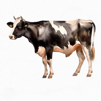 watercolor, Cows Dairy cows have udders: One of the most common farm animals,png Full body realistic cartoon in 32K UHD cute. 15 cm thick outline. Black color. There was no shadow on the ground. 8k with realistic watercolors and detailed illustrations. PNG clipart, transparent white background