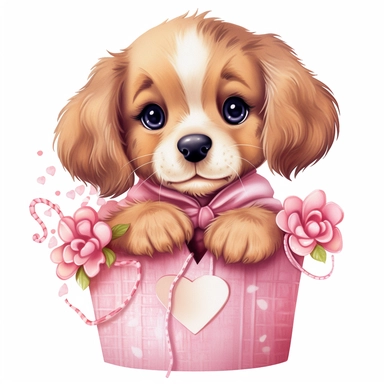 a very cute cuddly eyes happy puppy wearing a pink coat giving out heart's clipart Easter spring bunny scrapbooking Crafton digital paper white background