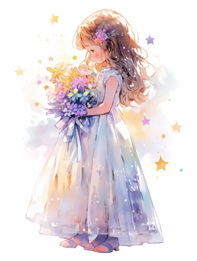Watercolor beautiful feathers and flowers, stars and universe, exploring 10 years old girl, with smile, Full body, face side, fantasy illustration, perfect face, with beautiful face and with stars, beautiful light brown hair, beautiful face, perfect face, perfect eyes, love, flowing dress, vivid vibrant colors, intricate detail, hyper detailed, hyper quality, 32K, unreal engine, isolated on white background, kawaii, clipart, fantasy art