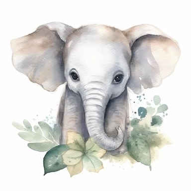 A delightful and charming watercolor clipart of an adorable baby elephant, designed for commercial use. This heartwarming composition captures the innocent charm of the African Safari Zoo animal, set against a crisp white background that accentuates its delicate watercolor textures and playful features. The baby elephant, with its gentle eyes and playful trunk, is skillfully painted in a soothing palette of grays and pastels, encapsulating the essence of nursery-themed art. The clipart emphasize