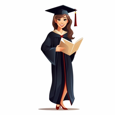 female student graduating happily wearing academic attire, gowns or robes and graduation caps and holding diplomas, vector, clip art, single design, clean line, white background