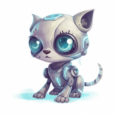 Envision a friendly little furry robot with a shiny, glittery exterior and big, expressive eyes that always seem to convey emotion. This smart and resourceful machine loves to help people and make the world a better place in any way it can. It's always eager for new challenges and loves to put its skills to the test, cartoon, clipart