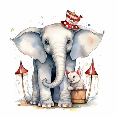 hand drawn Disney’s dumbo the baby elephant, oversized ears, loving his mother, 1920’s circus, glamorous, very detailed and realistic, watercolor, clipart style, white background with margins