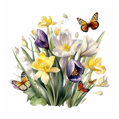 watercolor, spring flower, clipart, leaves, floral, dafodil, tulip, crocus, primrose, clipart, highly detailed, white backround, singular designs, bouquet, bees, butterfly