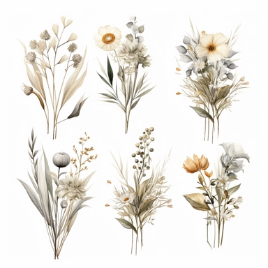 Watercolor Elegant Neutral Colors whites, creams and grays Bohemian Bouquets, Floral Clipart, Bohemian Wild Flowers, Bohemian Bouquet Watercolor, 8k