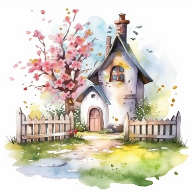 clipart, isolated on white background, beautiful cute Watercolor Spring Cottage - cute little house with fence and chimney, tree and flowers, ornated, pastel colors
