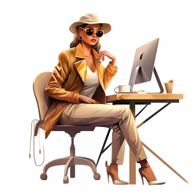 lady boss wearing fashionable bold clothes, sitting at the desk and working on the computer, realistic illustration, clipart, isolated on white background, 4K