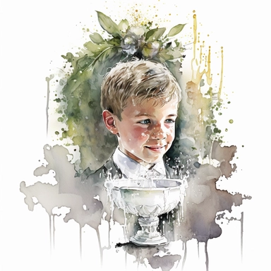 First Communion ,Boy, Bible, Rosary, Chalice, smile, splash, watercolor by Thomas W.Schalle, clipart, white background