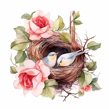 Watercolor nest Clipart, springtime, roses,cute, Bird nest, flowers