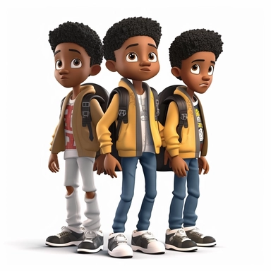 3D toy young 3 black boys wearing a backpack with a school uniform outfit in the style of boondocks in the style of marvel comics cartoon with white background can't believe how beautiful this is clipart, graphic vector, isolated on white background