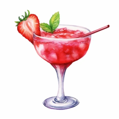 watercolour cocktail, clipart, white background, realistic, strawberry daquiri, margarita glass, garnish strawberry