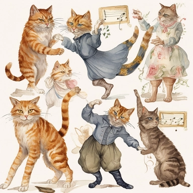 watercolor clipart, cats, dancing, Art Nouveau, highlty detailed