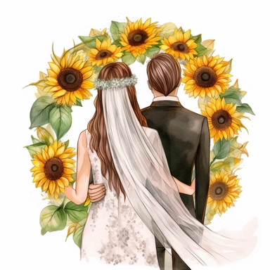 watercolor The middle circle of newlyweds with their arms around in the park. back view Bridal veil with Sunflowers flowers and leaves adorning her hair. hair up with flowers vividly bold designs png realistic cartoon in 32K UHD cute. 15 cm thick outline. Black color. There was no shadow on the ground. 8k with realistic watercolors. and detailed illustrations. PNG clipart, transparent white background