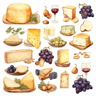 Watercolor cheese platter with wallnuts and grapes and raisins and figs nicely placed along with cheese on a very large wooden flat plate or cutting board, illustrations clipart set, simple, soft colors, cartoon elements, different variants, cheese from around the world, wooden elements, separate elements with a margin