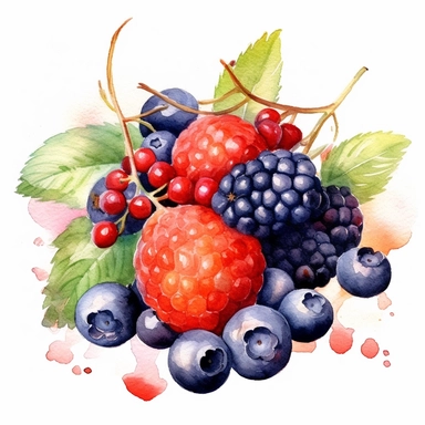 watercolor colorful clipart of a fresh bunch of summer berries, hd, on white background