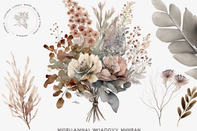 dreamy bohemian watercolor Australian native flower arrangement clipart, dusty rust WILDFLOWERS, VINTAGE STYLE, airy pale colors, hand painted original artwork, autumn color,fairy style, muted color, watercolor touches, with elements of silver dollar leaves, wildflowers, elegant, light, airy, fresh, classy, modern, minimalist design, no borders, the overall aesthetic exudes classic and elegant, no text or writing, includes blank space for text and writing, WHITE background, watercolor splashes, 