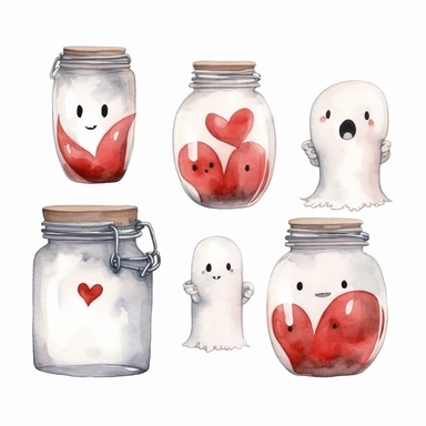 Collection of little flying baby ghost face, transparent glass jar and red love heart. Hand drawn watercolour graphic drawing on white, cutout clip art elements for print, invitations, banners, cards