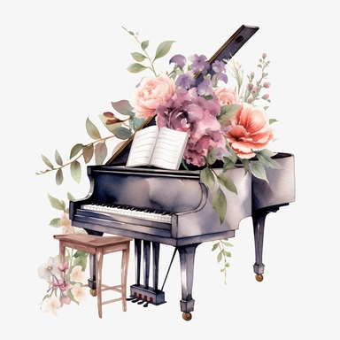 watercolor floral grand piano clipart, white background