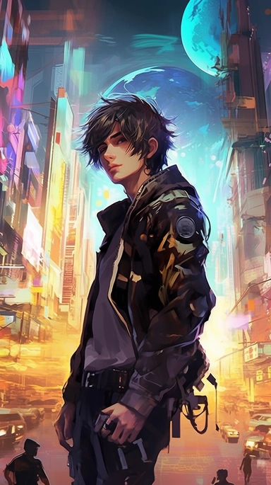beautiful stunning pretty vintage cyberpunk anime boy, paint art style, clipart, city landscape background, superrealistic, one of a kind