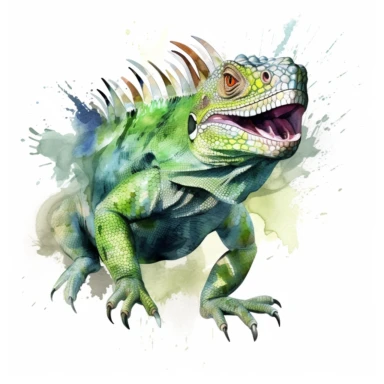 Green iguana running, watercolor, sharp illustration clipart, insane detail, white background