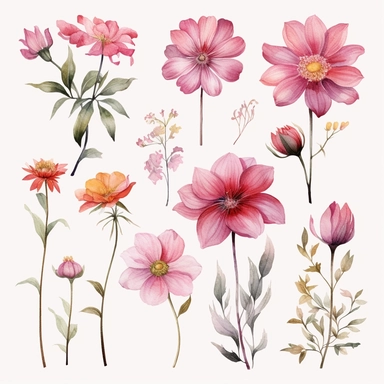 Delicate watercolor clipart set featuring different pink flower species, portrayed from various angles, arranged in a composition that appears as if the flowers are gently floating in a tranquil pond, a symbol of serenity, reflection, and the profound connection between nature and the human soul, clipart on a white backdrop.