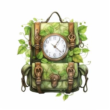 Steampunk styled traveler bag with watercolor effect,unrealistic fantastic,steampunk watch,white background,suitable for digital cliparts,fantastic scene,high quality,leaves,ivy,green plants